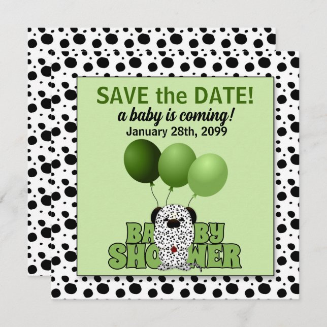 Invitación Baby Shower neutral de género dálmata verde (Anverso / Reverso)