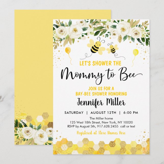 Invitación Baby Shower Neutral de género de Bee Greenery Gold (Anverso / Reverso)