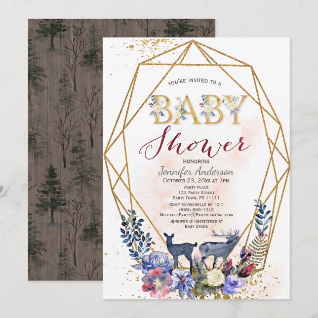 Invitación Baby Shower neutral de género de bosque forestal (Anverso / Reverso)