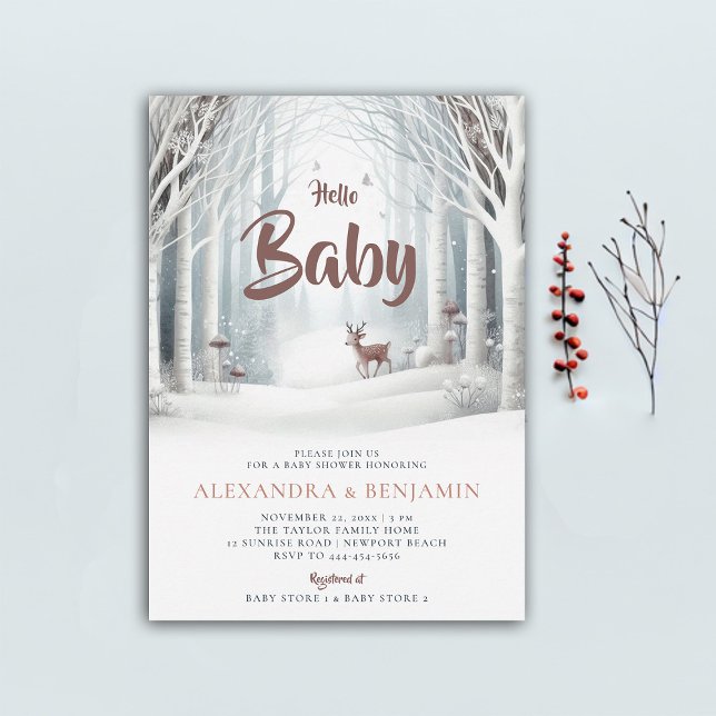 Invitación Baby Shower neutral de género de ciervo forestal d (winter baby shower invitation neutral white wonderland enchanted forest woodland deer cute coed chic)