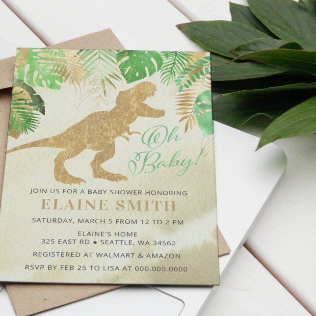 Invitación Baby Shower neutral de género de dinosaurios acuar (Subido por el creador)