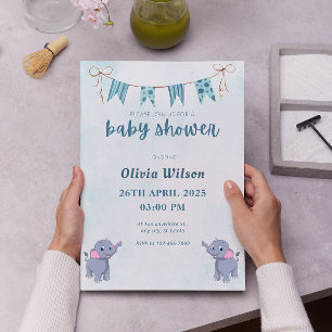 Invitación Baby Shower neutral de género de elefante azul lin