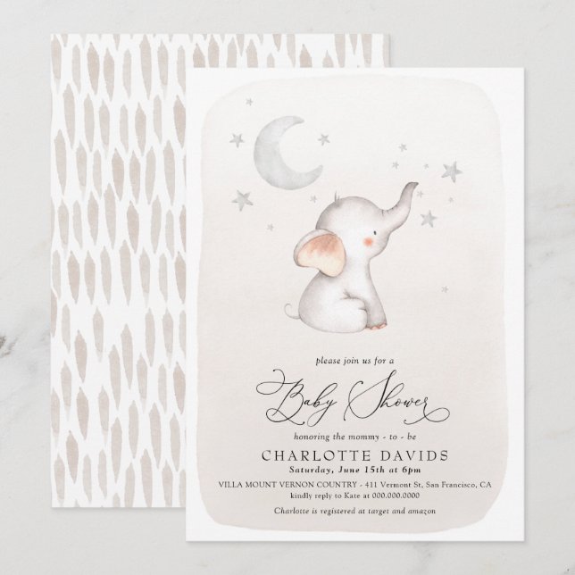 Invitación Baby Shower neutral de género de elefante beige li (Anverso / Reverso)