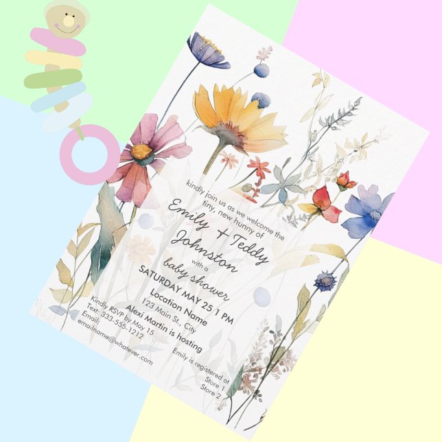 Invitación Baby Shower neutral de género de flor silvestre 'H (Subido por el creador)