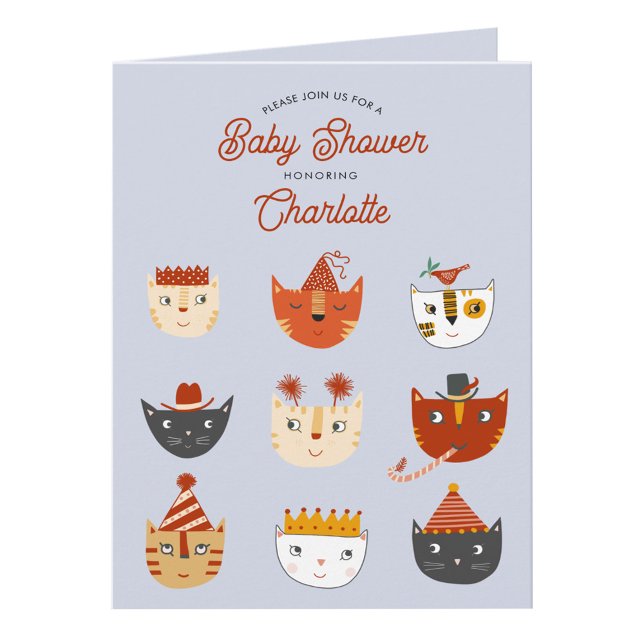 Invitación Baby Shower neutral de género de gato divertido (Cute kitty cat personalized gender neutral baby shower folded invitation)