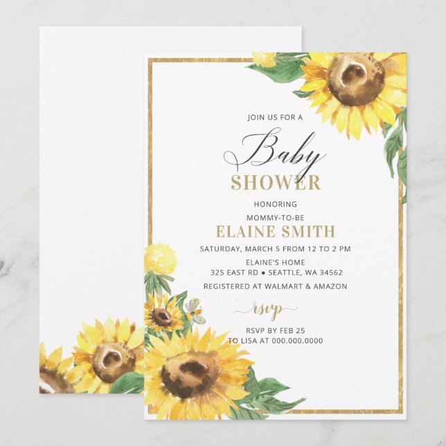 Invitación Baby Shower Neutral de género de girasoles y abeja (Anverso / Reverso)