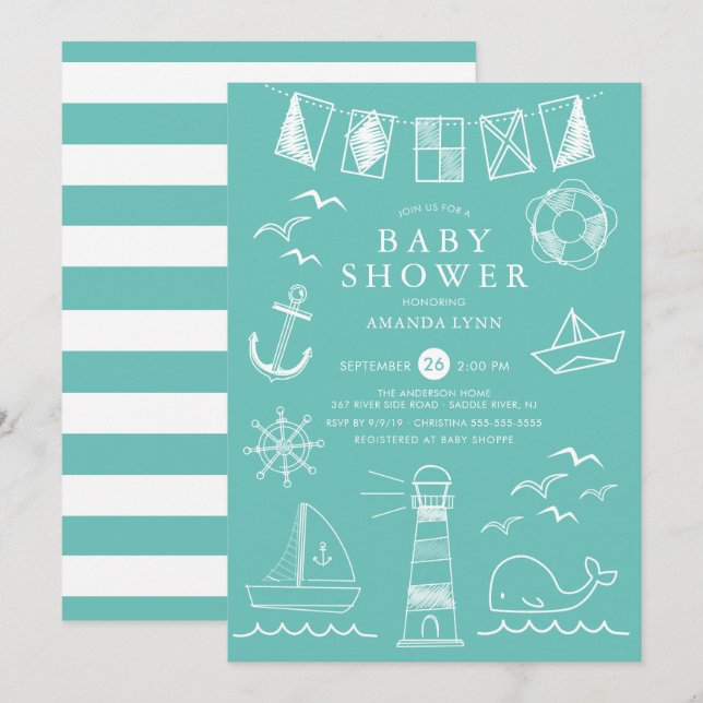 Invitación Baby Shower Neutral de género de las lanchas náuti (Anverso / Reverso)