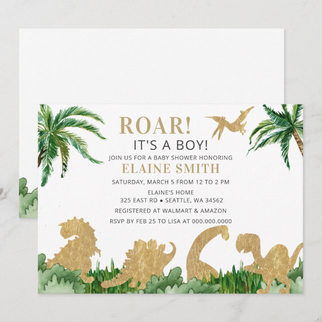 Invitación Baby Shower neutral de género de los dinosaurios r (Anverso / Reverso)