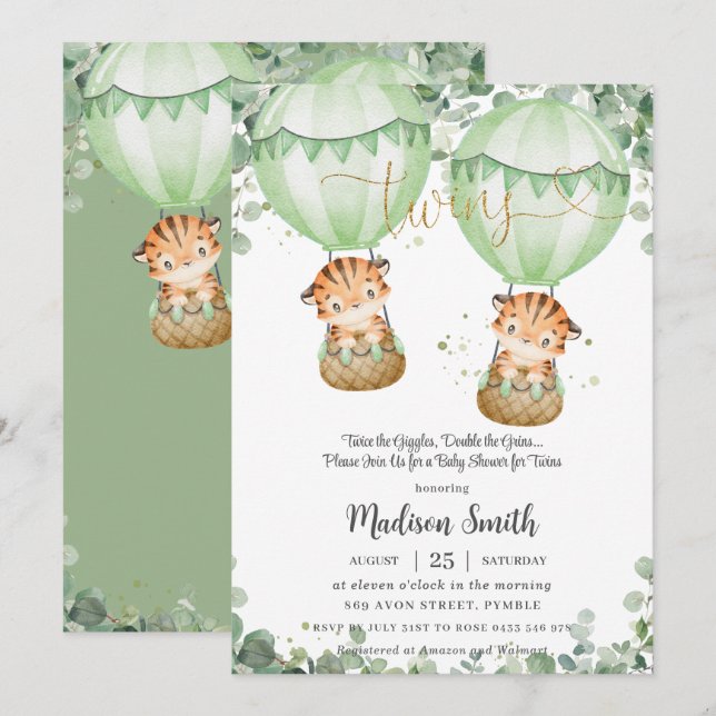 Invitación Baby Shower neutral de género de los gemelos Tiger (Anverso / Reverso)