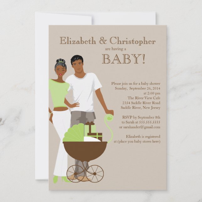 Invitación Baby Shower neutral de género de pareja afroameric (Anverso)