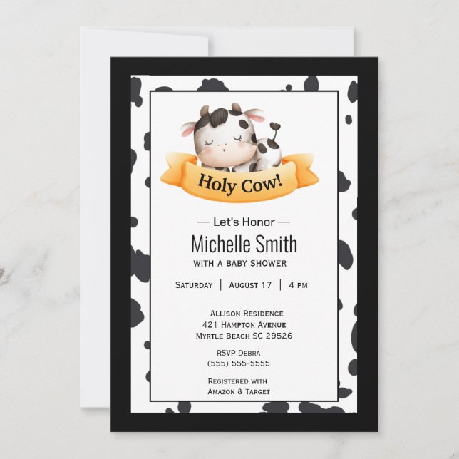 Invitación Baby Shower neutral de género de vaca sagrada (Anverso)