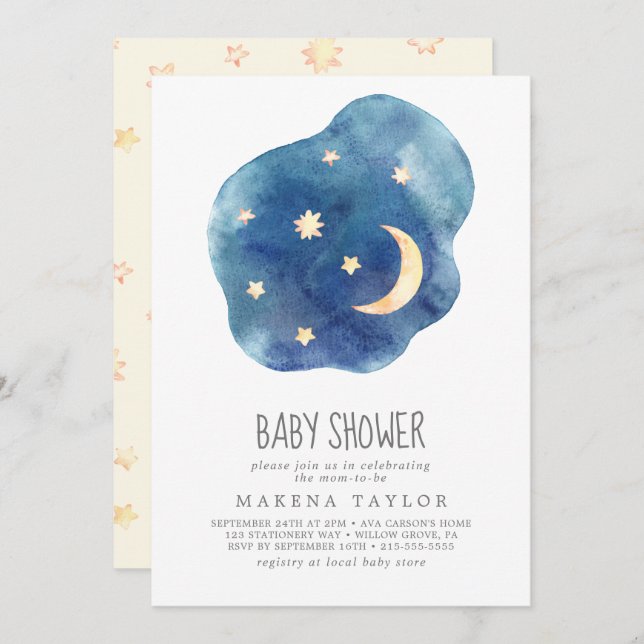 Invitación Baby Shower neutral de género en Luna y Estrellas (Anverso / Reverso)