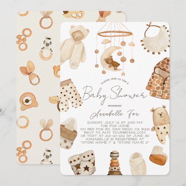 Invitación Baby Shower neutral de género en ropa de boho (Anverso / Reverso)