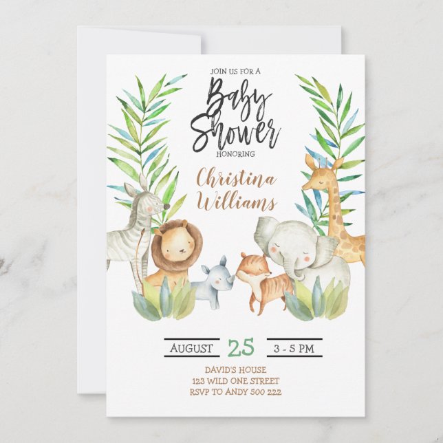 Invitación Baby Shower neutral de género para animales de saf (Anverso)