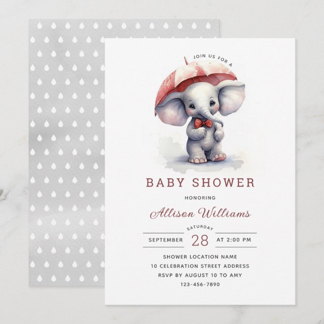 Invitación Baby Shower neutral de género sobre elefante cután (Anverso / Reverso)