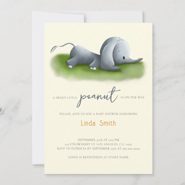 Invitación Baby Shower neutral de género sobre elefante cután (Anverso)