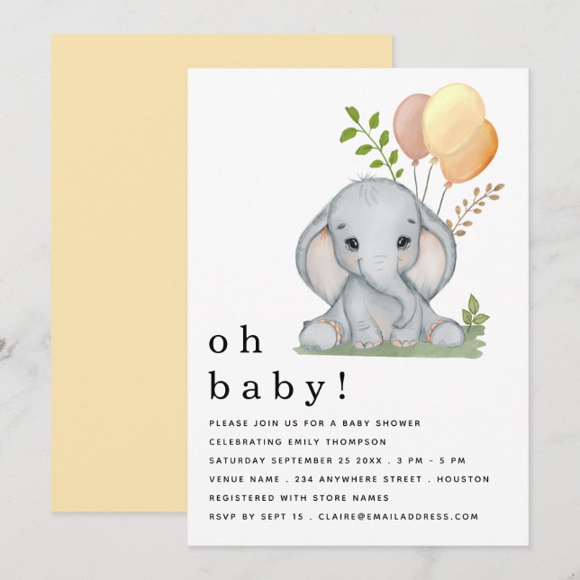 Invitación Baby Shower neutral de género sobre elefante cután (Anverso / Reverso)