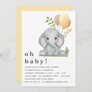 Invitación Baby Shower neutral de género sobre elefante cután