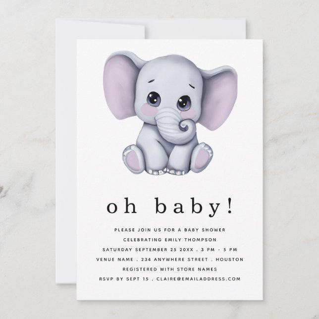 Invitación Baby Shower neutral de género sobre elefante cután (Anverso)