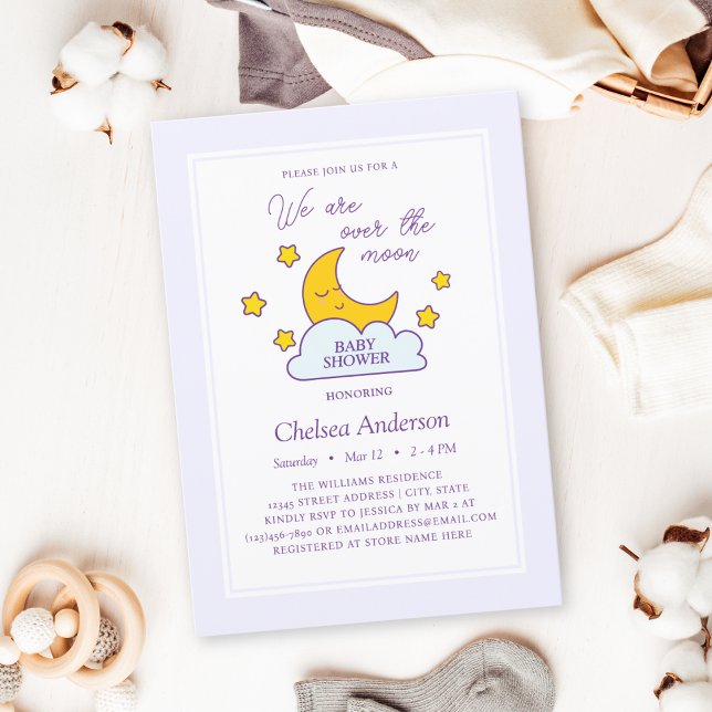 Invitación Baby Shower neutral de género sobre la luna y las  (Subido por el creador)