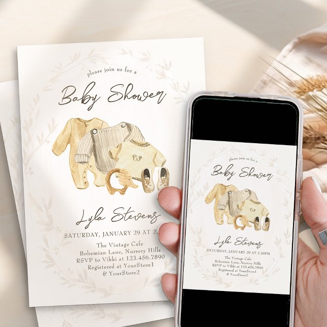 Invitación Baby Shower Neutral de género Sweet Baby Clothes (Baby Clothes Baby Shower Invitation - from my Baby Clothes Baby Shower Collection)