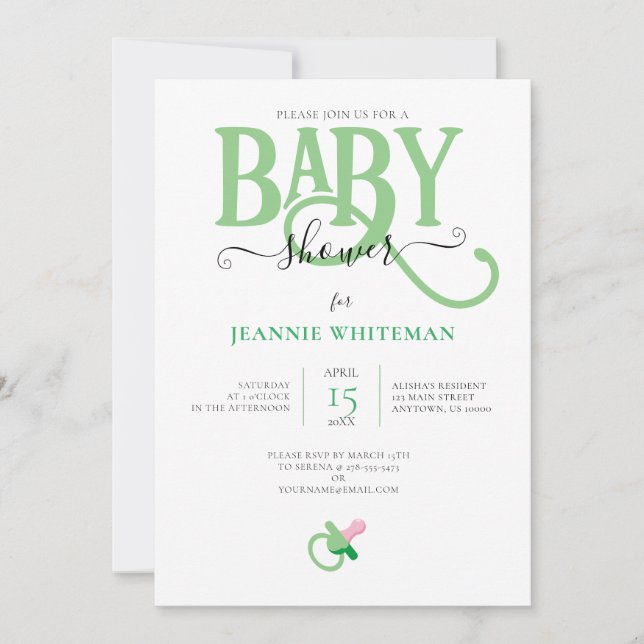 Invitación Baby Shower NEUTRAL DE GÉNERO VERDE CON PACIFICADO (Anverso)