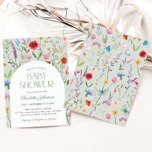 Invitación Baby Shower neutral de género verde de flor silves