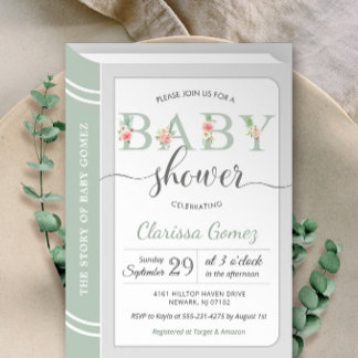 Invitación Baby Shower neutral de género verde de la bibliote