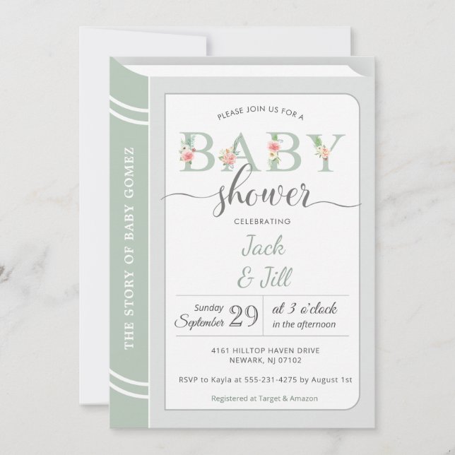 Invitación Baby Shower neutral de género verde de la bibliote (Anverso)