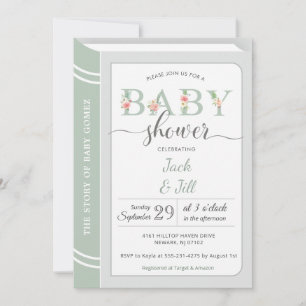 Invitación Baby Shower neutral de género verde de la bibliote