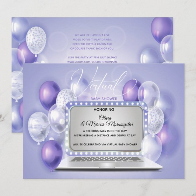 Invitación Baby Shower neutral de género virtual de portátil  (Anverso / Reverso)
