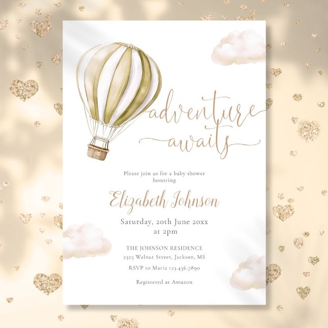 Invitación Baby Shower neutral de globo aerostático de aventu (Adventure Hot Air Balloon Neutral Baby Shower Invitation)