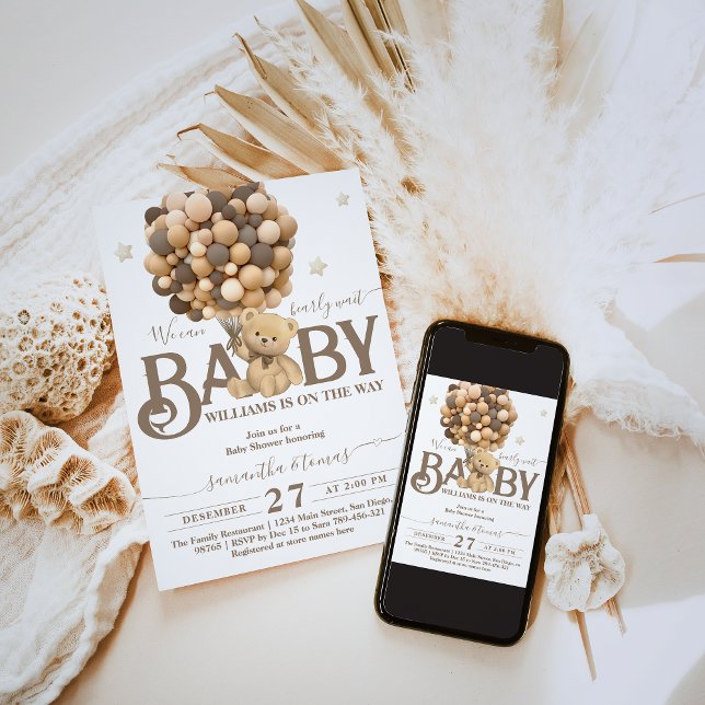 Invitación Baby Shower neutral de globo Bearly Wait Boho (Subido por el creador)