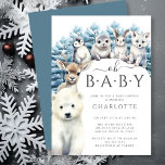 Invitación Baby Shower neutral de invierno de los amigos del<br><div class="desc">Esta encantadora ducha de bebé de invierno cuenta con amigos animales del Ártico, entre ellos un oso polar, reno, pingüino, foca, conejito y lobo, con un fondo de árboles nevados. La invitación está fijada en un fondo blanco arcaico con las palabras "¡Oh bebé!" en una letra lúgubre en la parte...</div>