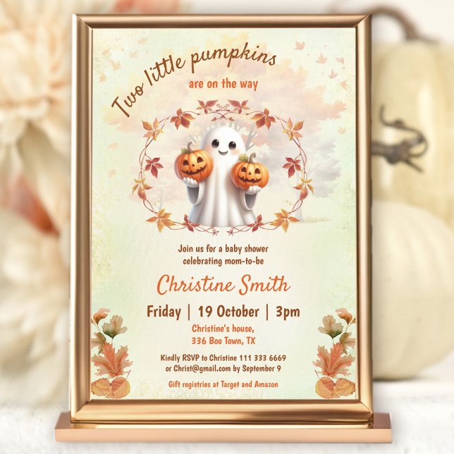 Invitación Baby Shower neutral de la calabaza de los gemelos  (Twins Halloween Pumpkin Ghost Neutral Baby Shower Invitation)