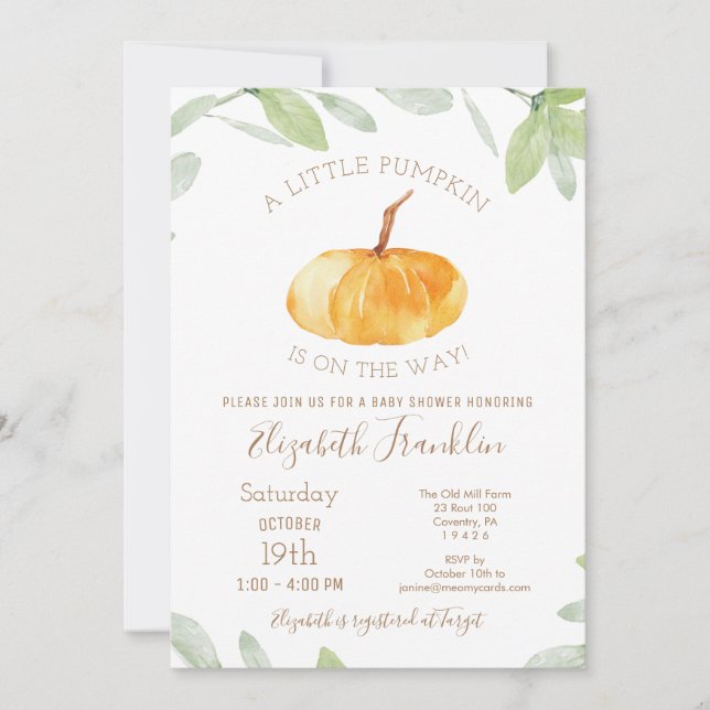 Invitación Baby Shower Neutral de la pequeña PUMPKIN (Anverso)