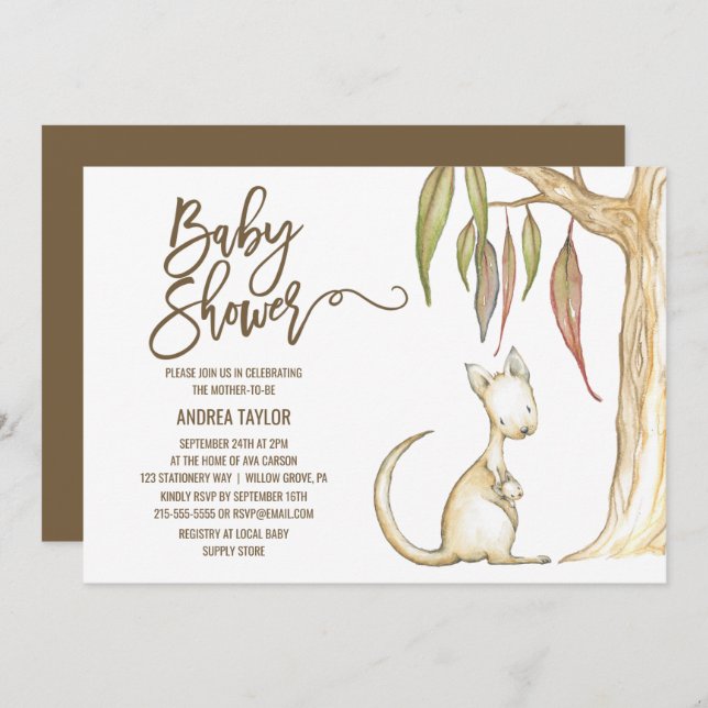Invitación Baby Shower neutral de los canguros australianos y (Anverso / Reverso)