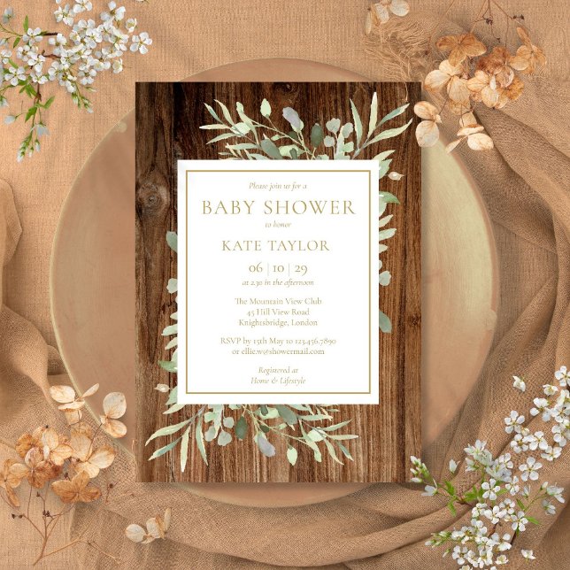 Invitación Baby Shower neutral de madera rústica | Espolvorea (Rustic Wood Greenery Floral Baby Shower Invitation)