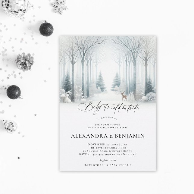 Invitación Baby Shower neutral de nieve de la selva blanca de (cold outside winter baby shower invitation neutral white wonderland enchanted forest woodland coed)