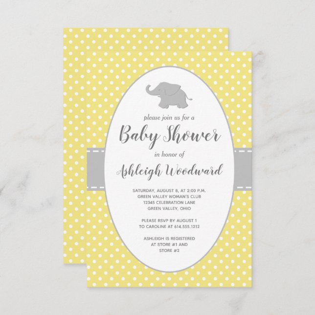 Invitación Baby Shower neutral de punto de polka amarillo ele (Anverso / Reverso)