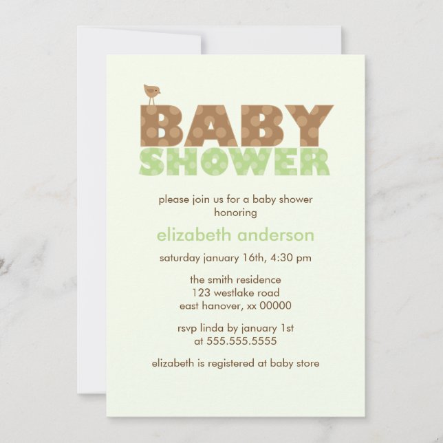 Invitación Baby Shower neutral de puntos verdes (Anverso)