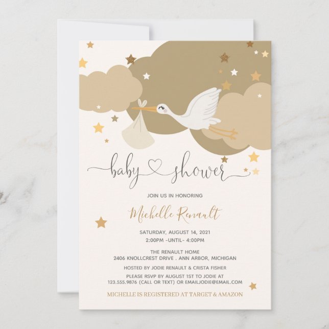Invitación Baby Shower neutral de sexo de Stork Gold (Anverso)