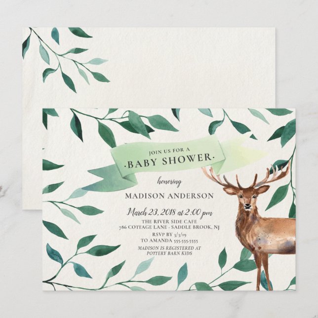 Invitación Baby Shower neutral de venado de Woodland (Anverso / Reverso)