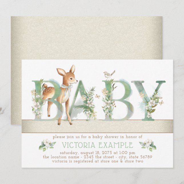 Invitación Baby Shower Neutral de venados de Woodland de géne (Anverso / Reverso)