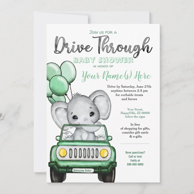 Invitación Baby Shower Neutral Elephant con auto de fábrica (Anverso)