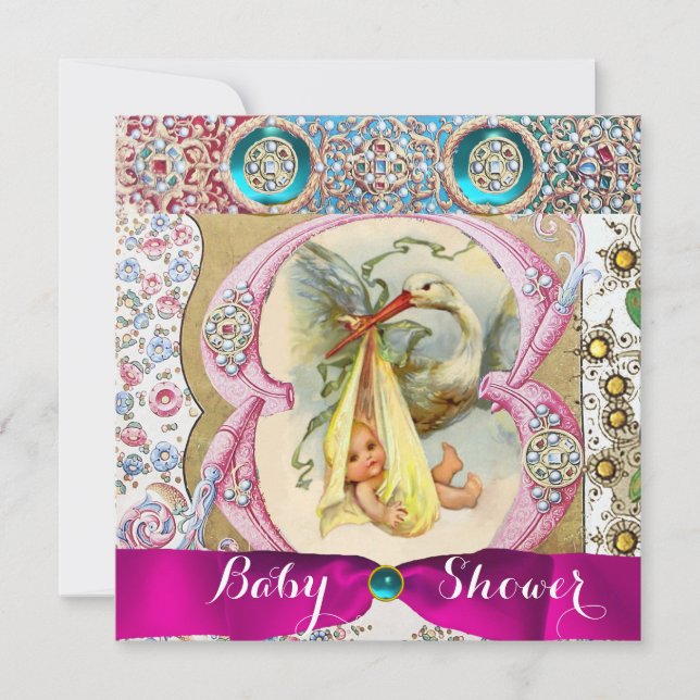 Invitación Baby Shower NEUTRAL FLORAL STORK CON GEMSTONES (Anverso)