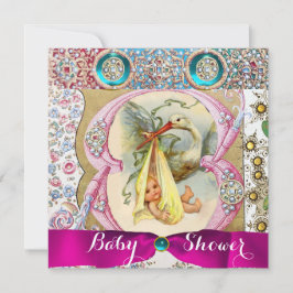Invitación Baby Shower NEUTRAL FLORAL STORK CON GEMSTONES