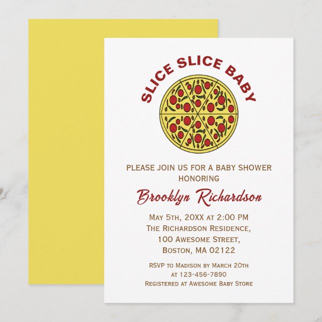 Invitación Baby Shower Neutral Fun Pizza Slice Slice de géner (Anverso / Reverso)