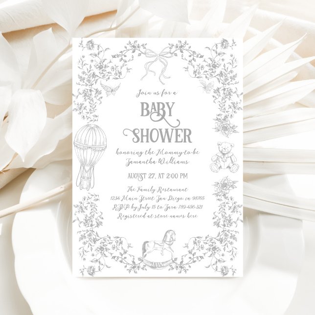Invitación Baby Shower Neutral Gris Elegante Toile French (Subido por el creador)