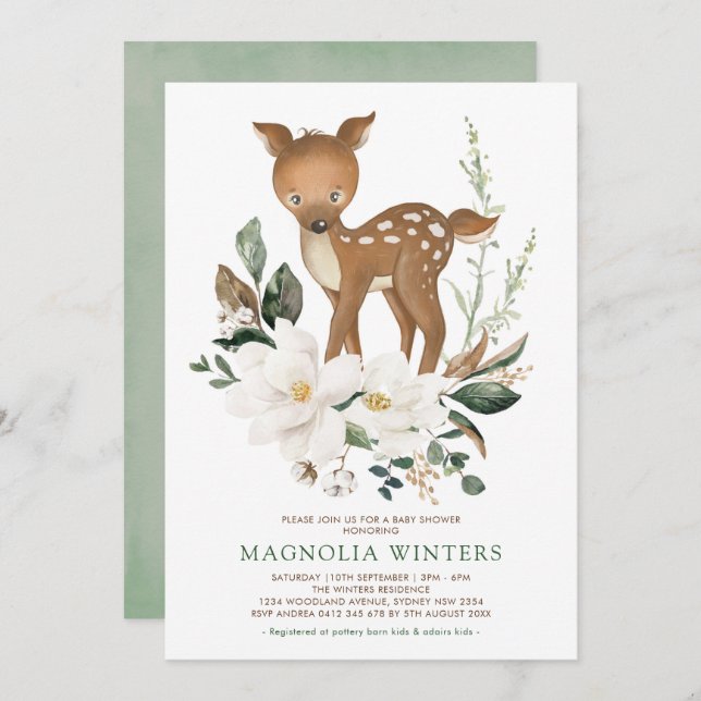 Invitación Baby Shower Neutral Ivory Greenery Forest Deer (Anverso / Reverso)